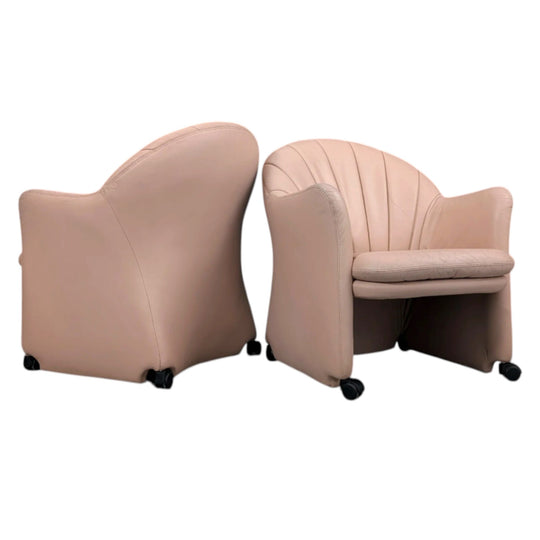 Late 1980s Shell-Back Leather Club Chairs on Castors, Blush Beige