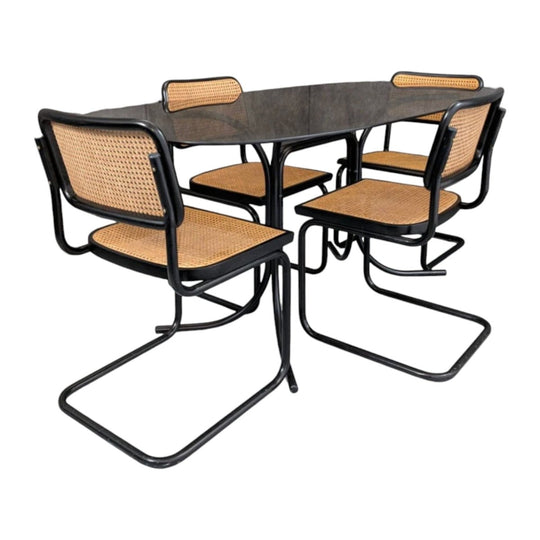 Italian Black Metal and Smoked Glass Dining Table with Cesca Chairs c.1970s–1980s