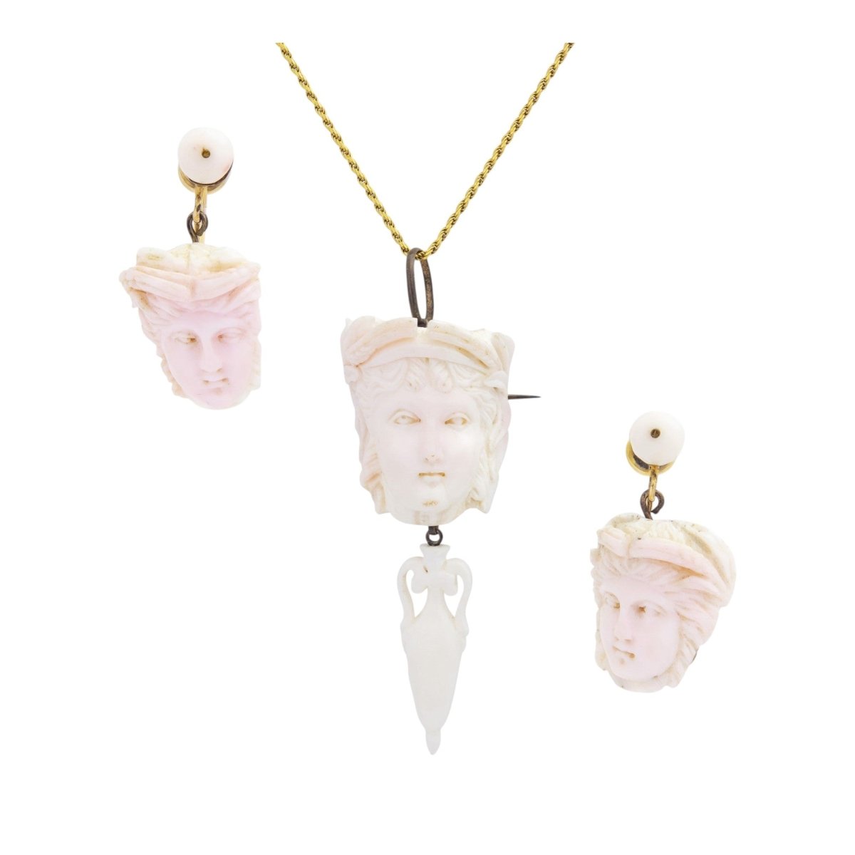 Italian Grand Tour Period Angel Skin Coral Earrings and Brooch Pendant | Bazaa | Designer, Vintage and Antique Furniture