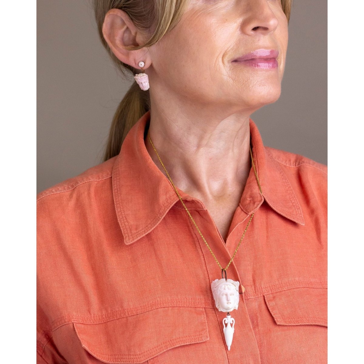 Italian Grand Tour Period Angel Skin Coral Earrings and Brooch Pendant | Bazaa | Designer, Vintage and Antique Furniture