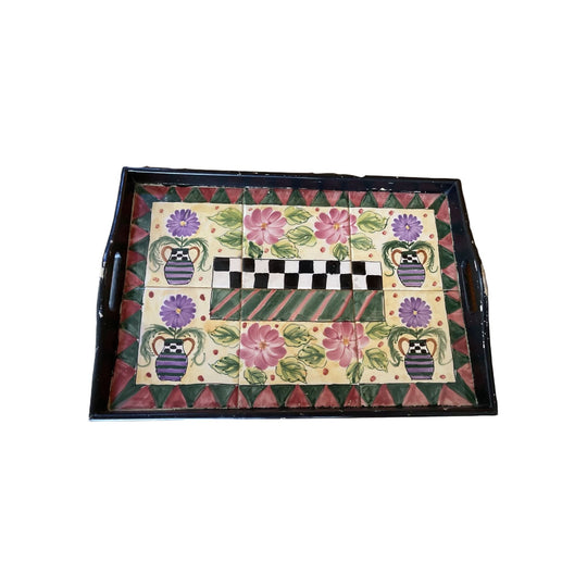 Italian style wooden tray with handles and ceramic tile base