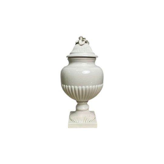 Italian White Ceramic Urn with Rose Finial
