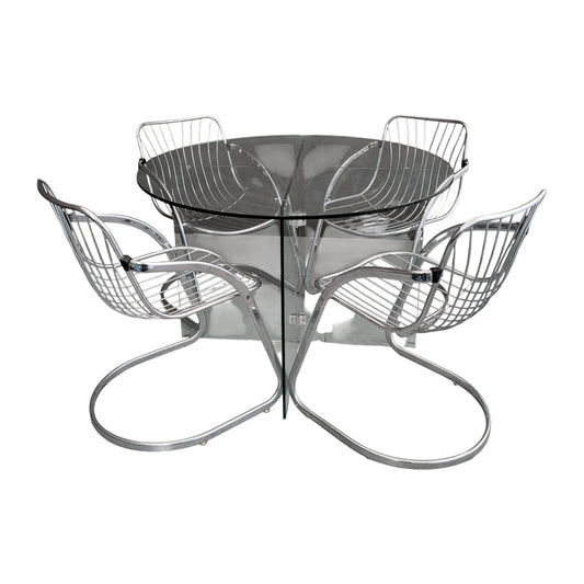 Vintage Chrome Cantilever Gastone Rinaldi Style Chairs with Glass Pedestal Table