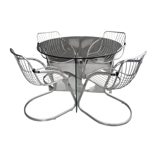 Vintage Chrome Cantilever Gastone Rinaldi Style Chairs with Glass Pedestal Table
