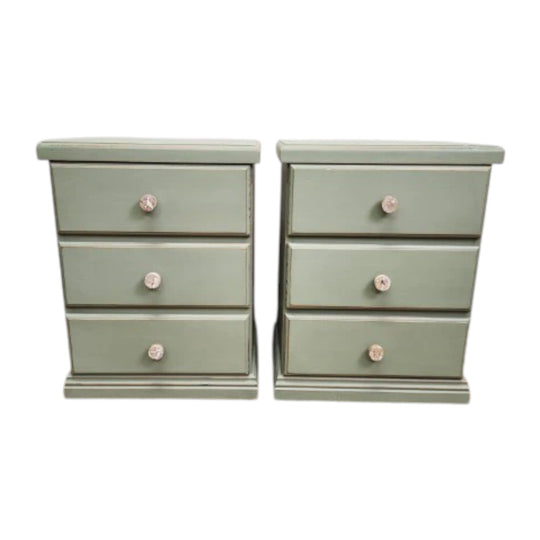 Pair of Handpainted Sage 3 Drawer Bedside Tables