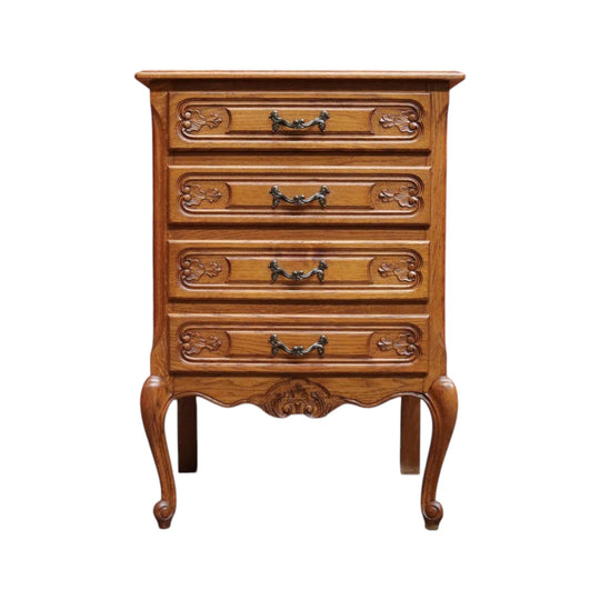 Vintage French Oak Lamp Bedside Table or Lingerie Chest Compact Set of 4 Drawers Brass Handles B12806