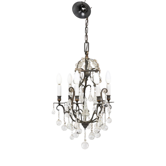 Stunning 6 light antique French brass Chandelier with Glass bauble drop crystals from Paris