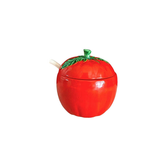 Japanese figural kitsch vintage 1960s ceramic tomato relish condiment container pot with spoon