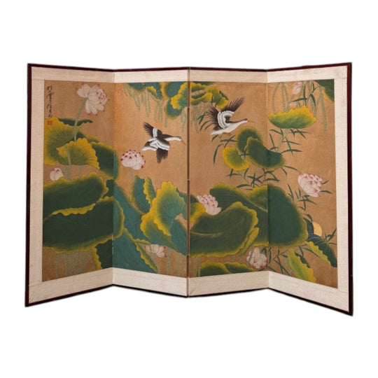 Japanese hand painted four panel folding screen wall hanging