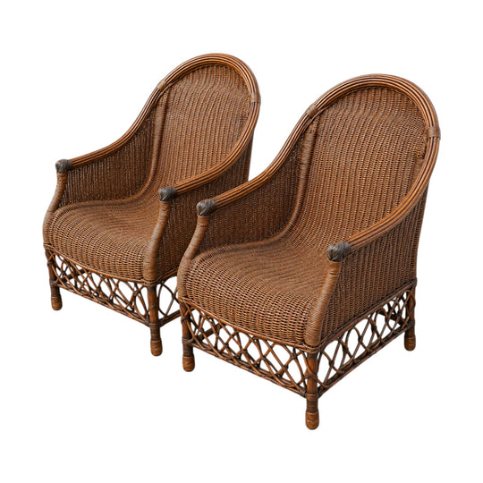 Town n Country Wicker Rattan Armchairs Vintage Barrel Back Set of 2