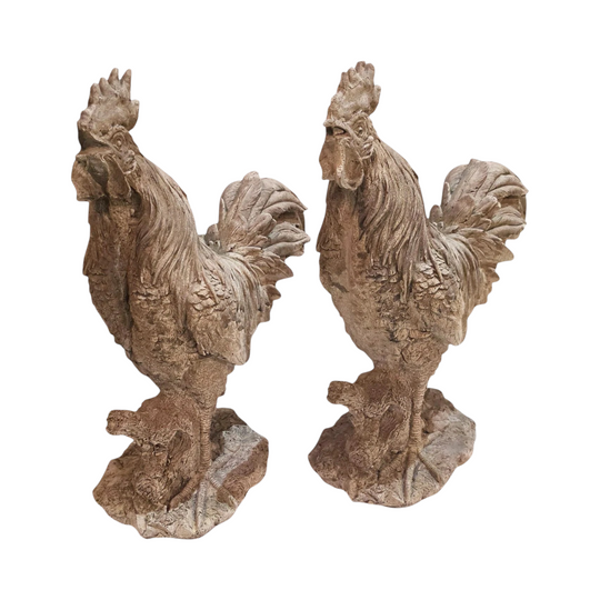A vintage cast stone garden figure of a rooster