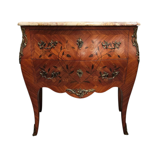 Louis 15th Style Medium Size Marquetry Inlay Marble Top Commode.