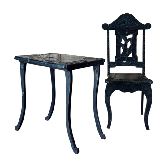 Antique Japanese Nikko Carved Wood Chair & Table Circa 1900-1920