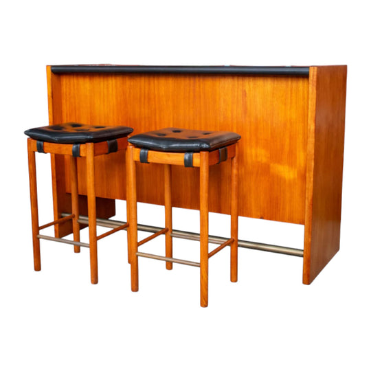 Rare Parker Teak Bar with Two Original Stools – Complete Mid‑Century Suite
