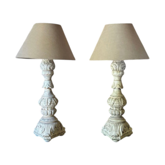 Pair of Vintage Carved Timber Lamps with Linen Shades