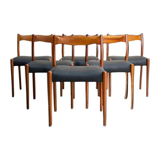 Fler 64 Dining Chairs, Set of 6, Fully Restored – Solid Blackwood with 'Liquorice' Vinyl, 1960s