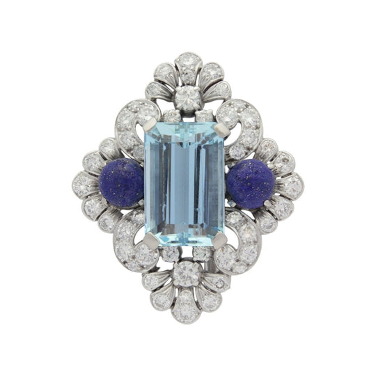 Lapis, Aquamarine and Diamond Brooch Pin