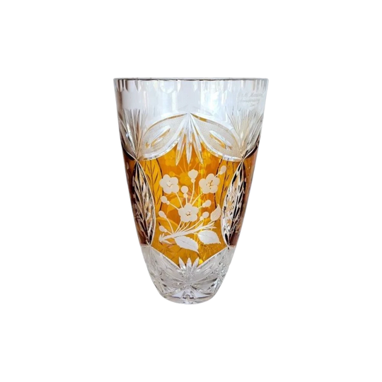 Large Bohemian Huta Szkła Julia amber-overlay cut-to clear crystal Vase c. 1960