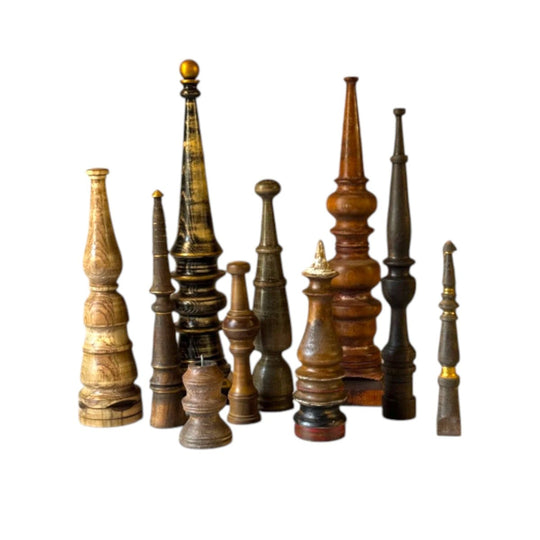 Set of 10 Vintage Turned Timber Decorative Finials with Gilt Accents