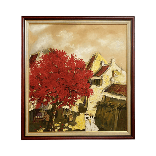 Large Contemporary Street Scene With Flame Tree Oil On Canvas Painting