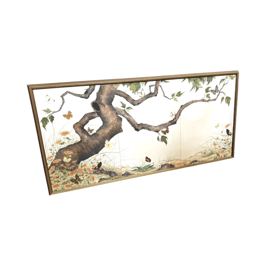 Large Framed Butterfly & Tree Artwork with Real Butterfly Wings — Signed M. Ginsberg, 1982