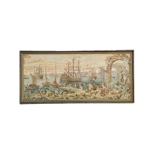 Large Framed Tapestry of Harbourside Scene