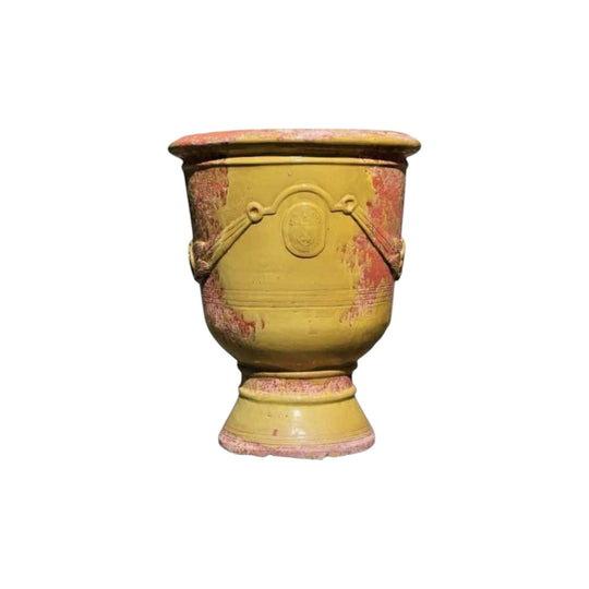 Large old French Anduze garden pot in yellow glaze