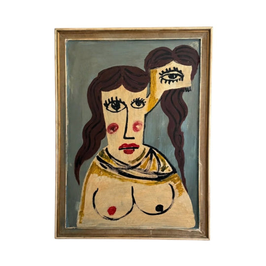 Large Vintage Expressionist Portrait Painting Lady Female Abstract Art Painting