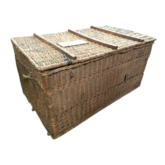 Large Wicker cane costume basket with timber plaque 26 Ballets de Paris, Roland Petit.