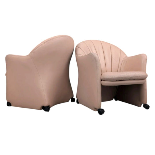 Late 1980s Shell-Back Leather Club Chairs on Castors, Blush Beige