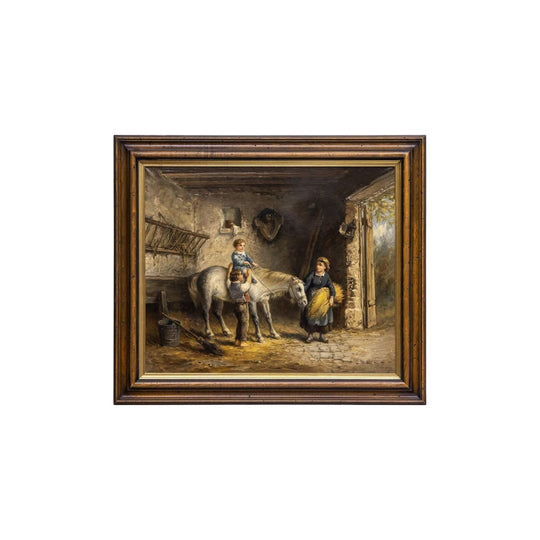 Late 19th Century French Oil on Canvas Depicting a Man Outside Stables