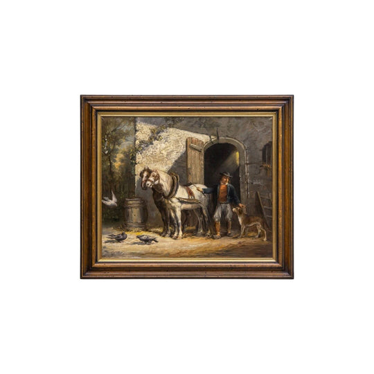 Late 19th Century French Oil on Canvas Painting of Children in a Stable