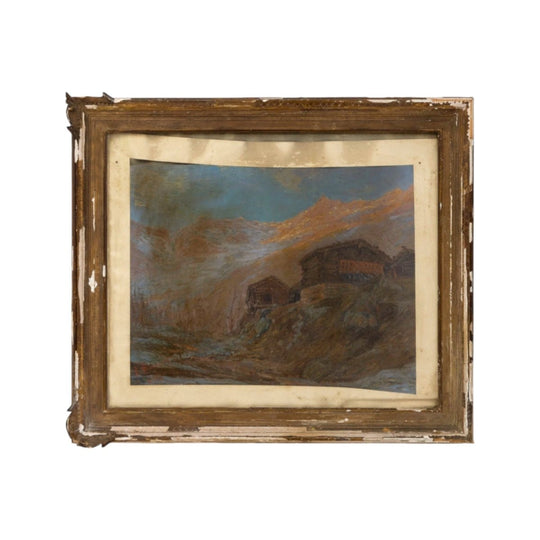 Late 19th century rustic mountain scene framed in a distressed, aged frame.