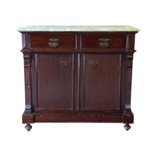 Late 19th–Early 20th Century French Empire–Influenced Mahogany-Stained Cabinet with Grey-Veined Marble Top
