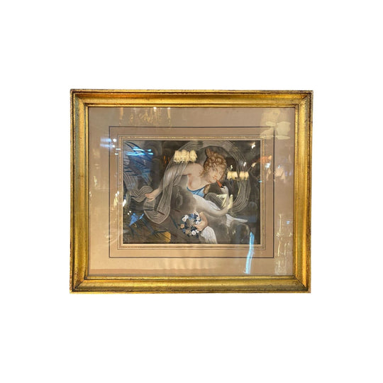 Late C19th Color Engraving of a Lady and a Swan