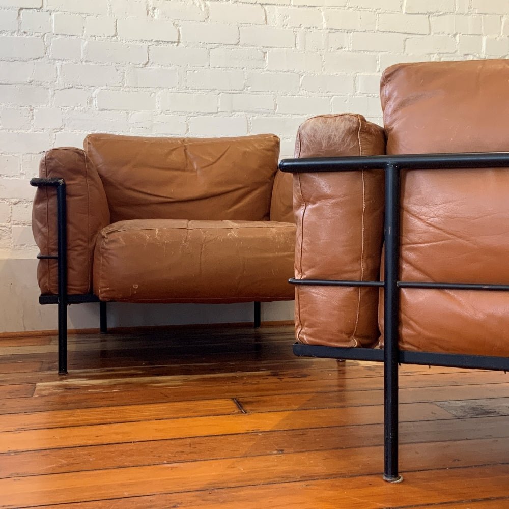 Le Corbusier LC3 Sofa and Pair of Lounge Chairs – Black and Tan Leather, Italy | Bazaa | Designer, Vintage and Antique Furniture