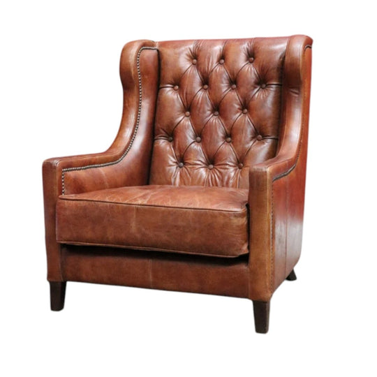 Leather Wingback Armchair Button Back High Back Studded Chair. B12971