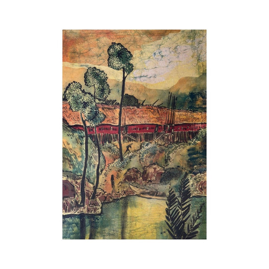 Lee Hock Kia (b. 1937) – Master Sarawakian Batik Artiste, Large Batik Painting, Malaysian, Circa 1970s, "River Village & Longhouse"