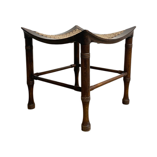 Antique Arts & Crafts Liberty & Co Thebes Egyptian Revival Wooden Stool - Woven Cane Seat
