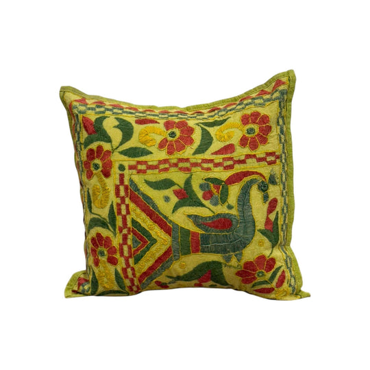 Lime Peacock Embroidered Cushion