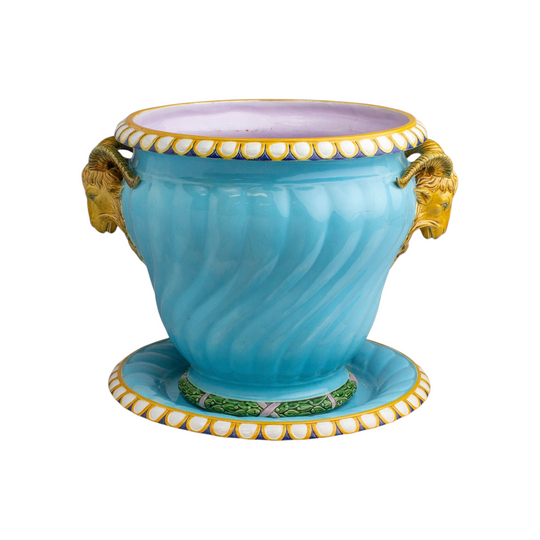 Antique Majolica Jardiniere by Minton with Ram's Head Handles