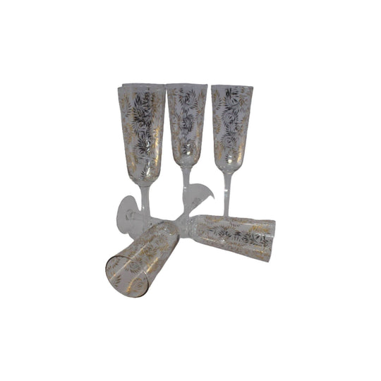 Long stemmed Champagne Flutes. Gold printed leaf design. Party glassware. Special Occasion Glassware. Set of 6