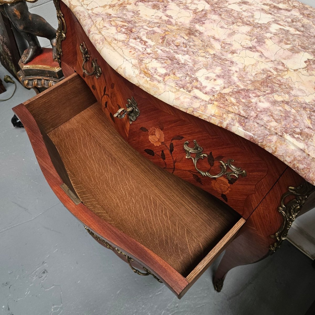 Louis 15th Style Medium Size Marquetry Inlay Marble Top Commode. | Bazaa | Designer, Vintage and Antique Furniture