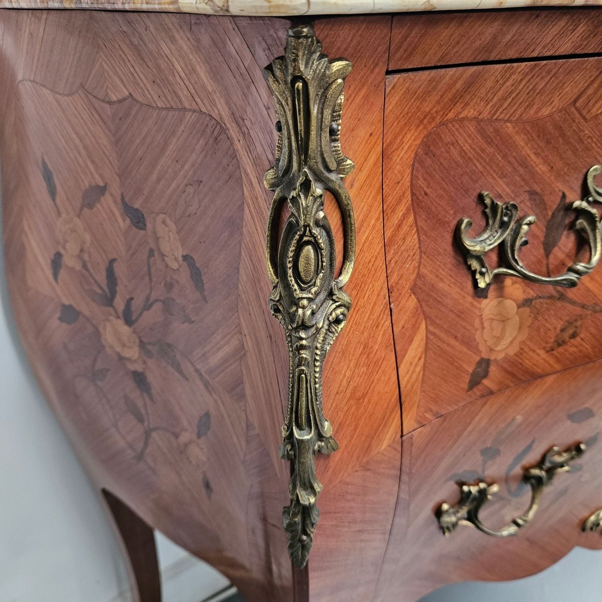 Louis 15th Style Medium Size Marquetry Inlay Marble Top Commode. | Bazaa | Designer, Vintage and Antique Furniture