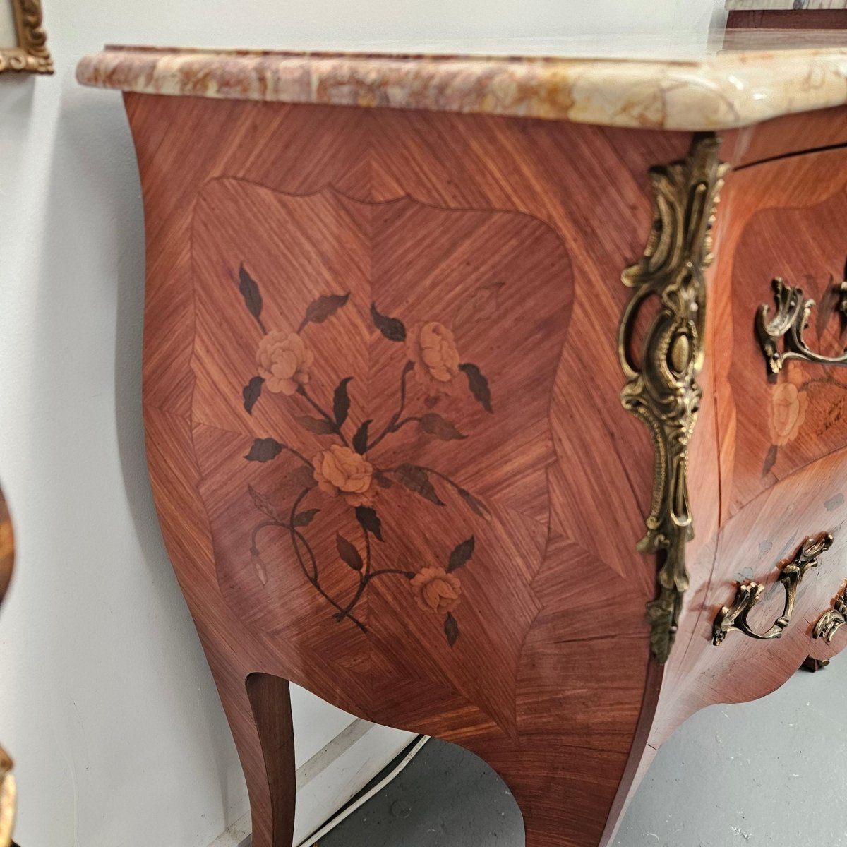 Louis 15th Style Medium Size Marquetry Inlay Marble Top Commode. | Bazaa | Designer, Vintage and Antique Furniture