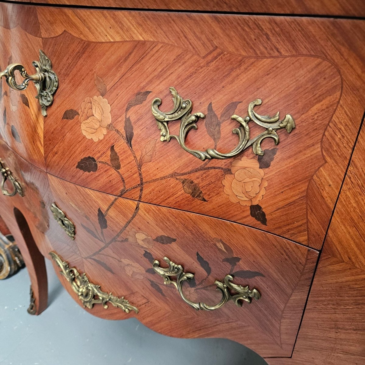 Louis 15th Style Medium Size Marquetry Inlay Marble Top Commode. | Bazaa | Designer, Vintage and Antique Furniture
