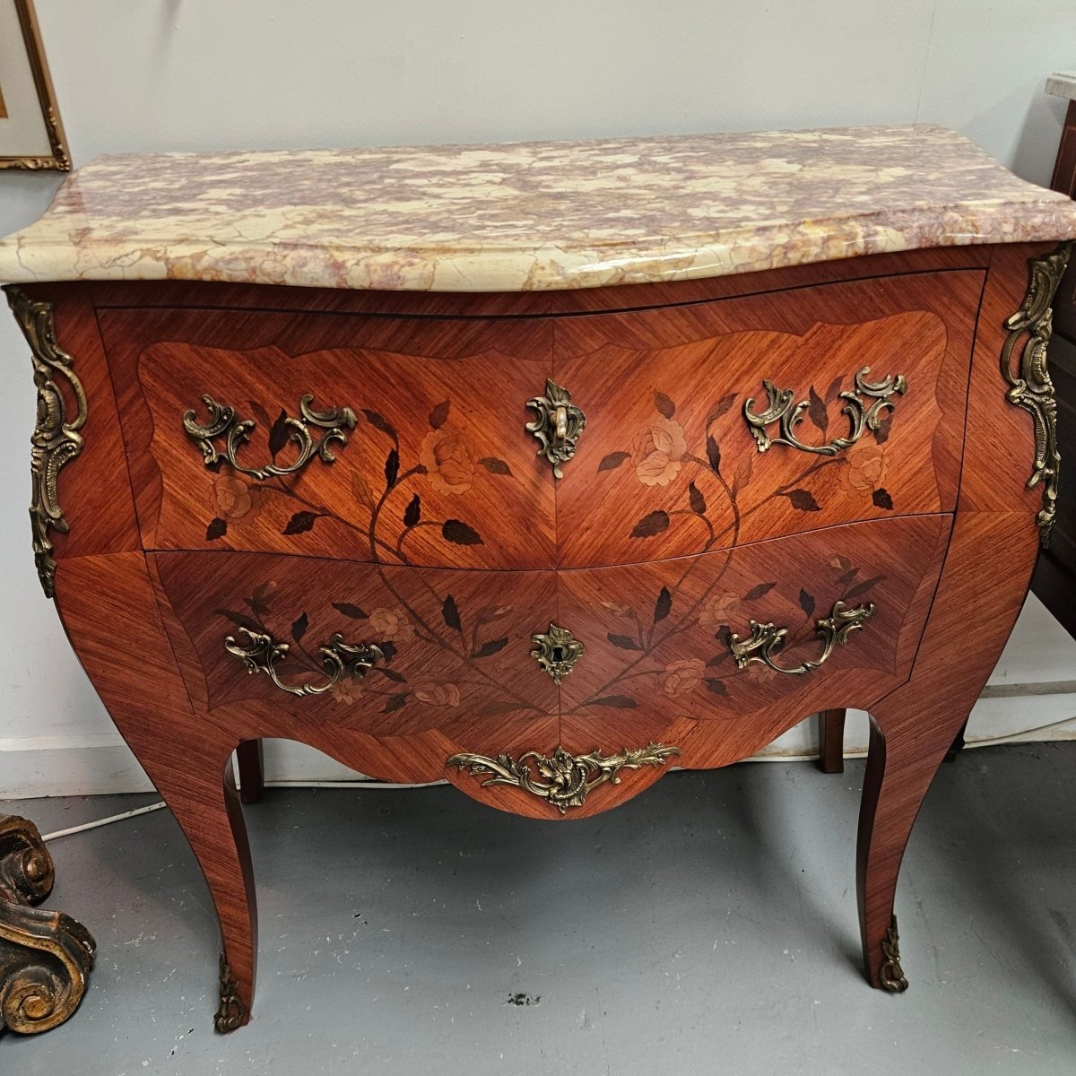 Louis 15th Style Medium Size Marquetry Inlay Marble Top Commode. | Bazaa | Designer, Vintage and Antique Furniture