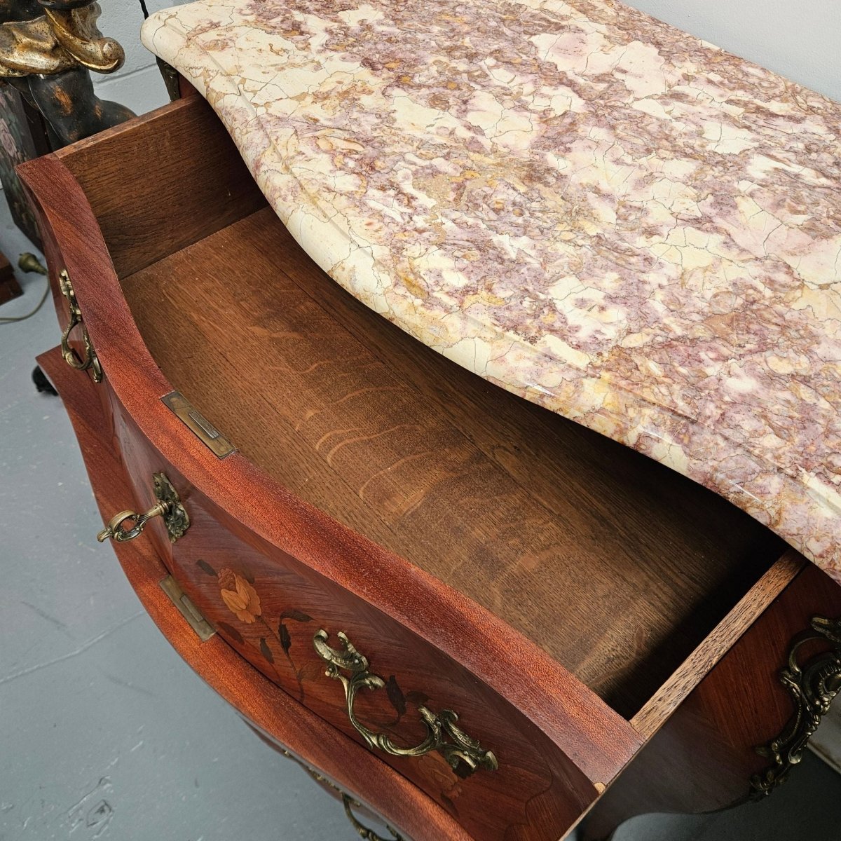 Louis 15th Style Medium Size Marquetry Inlay Marble Top Commode. | Bazaa | Designer, Vintage and Antique Furniture