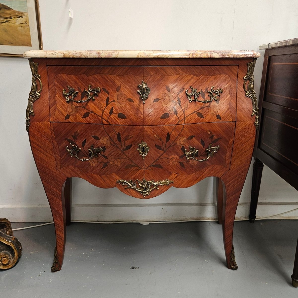Louis 15th Style Medium Size Marquetry Inlay Marble Top Commode. | Bazaa | Designer, Vintage and Antique Furniture