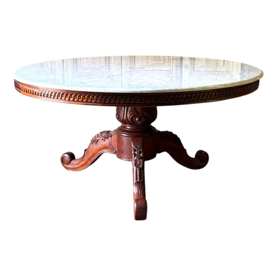 Louis XV Style Carved Mahogany Dining Table with Carrara Marble Top